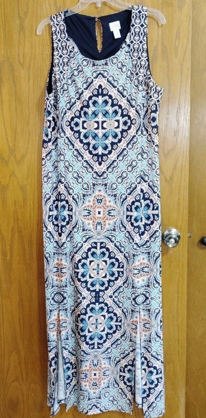 Chico's Sz 3 Long Maxi Dress Sleeveless Tank Blue Tan Stretch Jersey Front Slit